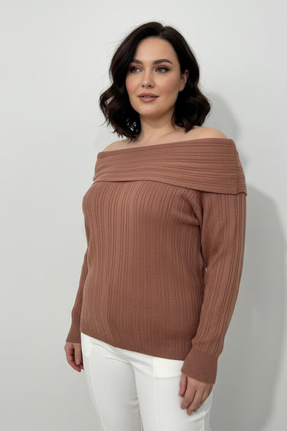 Büyük Beden Madonna Yaka Triko Bluz Gül Kurusu