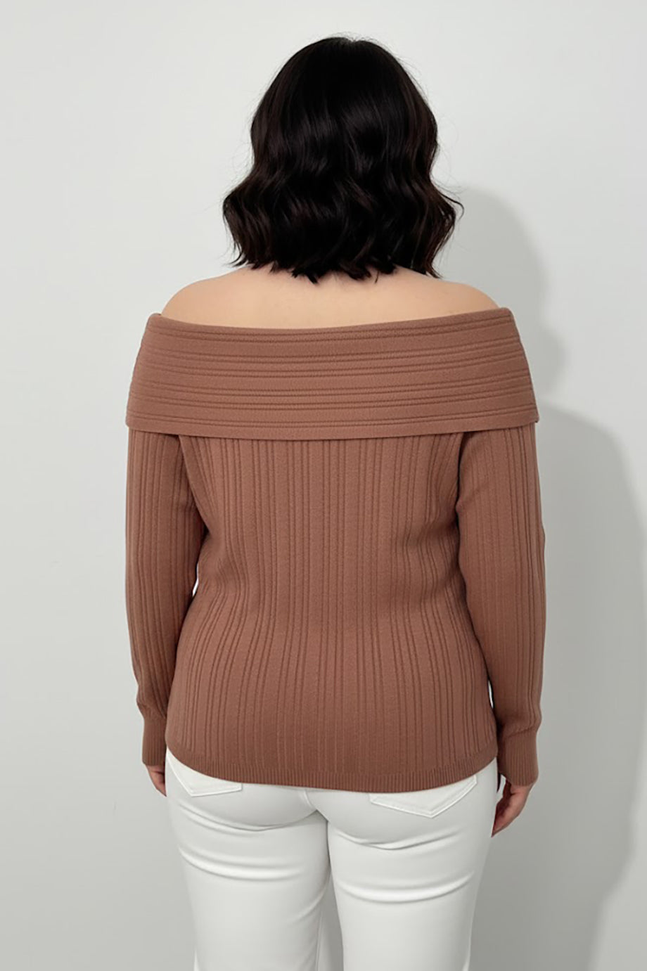 Büyük Beden Madonna Yaka Triko Bluz Gül Kurusu