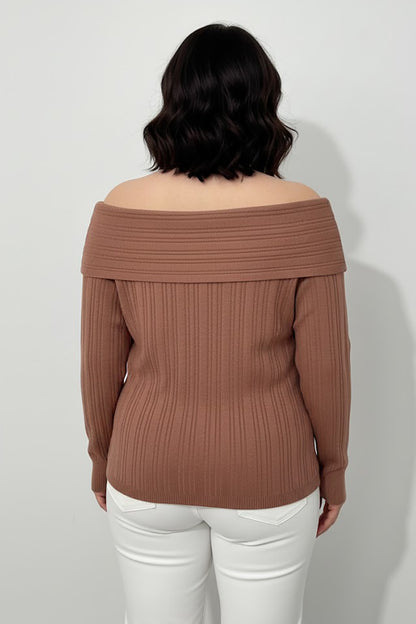 Büyük Beden Madonna Yaka Triko Bluz Gül Kurusu