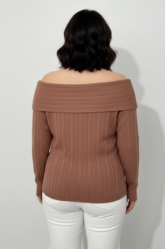 Büyük Beden Madonna Yaka Triko Bluz Gül Kurusu