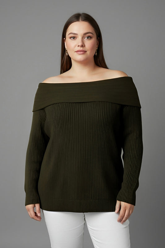Büyük Beden Madonna Yaka Triko Bluz Haki