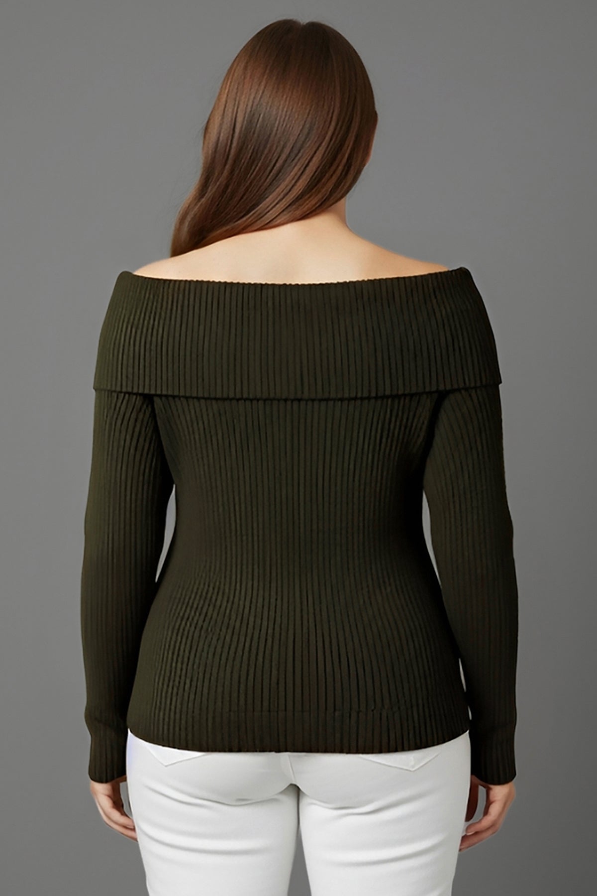 Büyük Beden Madonna Yaka Triko Bluz Haki