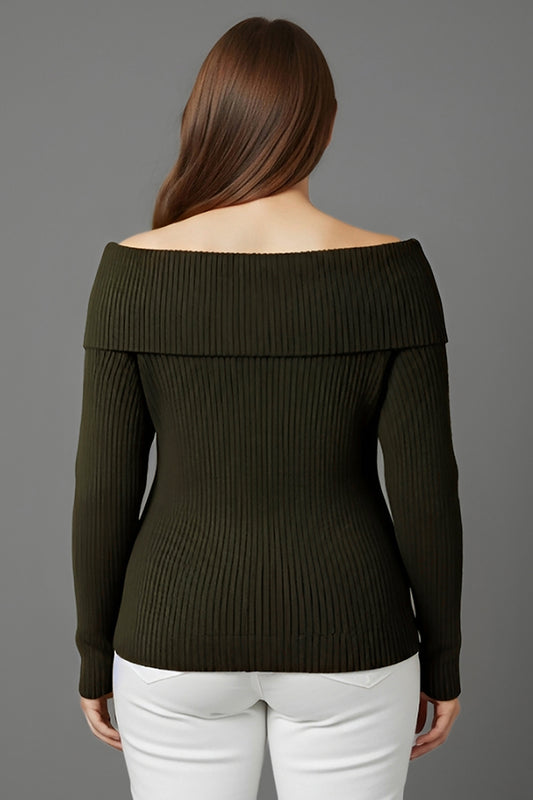 Büyük Beden Madonna Yaka Triko Bluz Haki