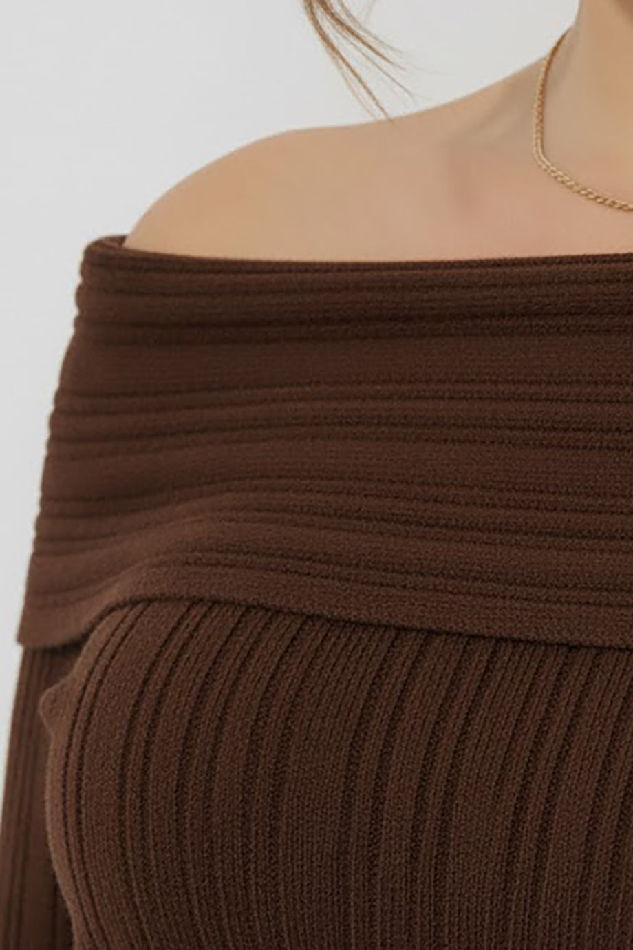 Büyük Beden Madonna Yaka Triko Bluz Kahverengi