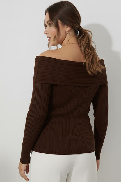 Büyük Beden Madonna Yaka Triko Bluz Kahverengi