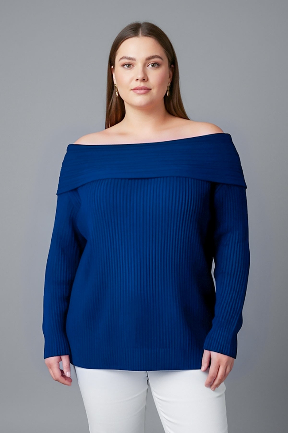 Büyük Beden Madonna Yaka Triko Bluz Saks