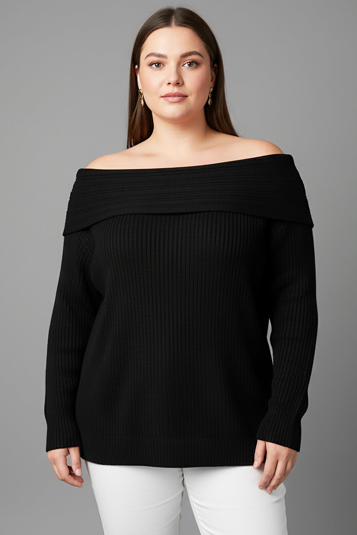 Büyük Beden Madonna Yaka Triko Bluz Siyah