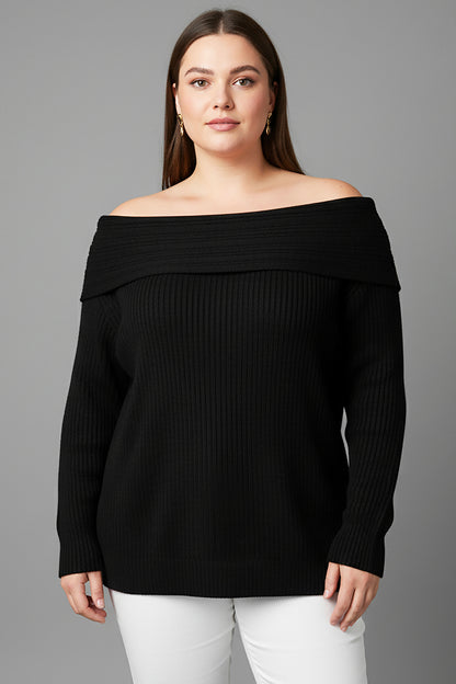 Büyük Beden Madonna Yaka Triko Bluz Siyah