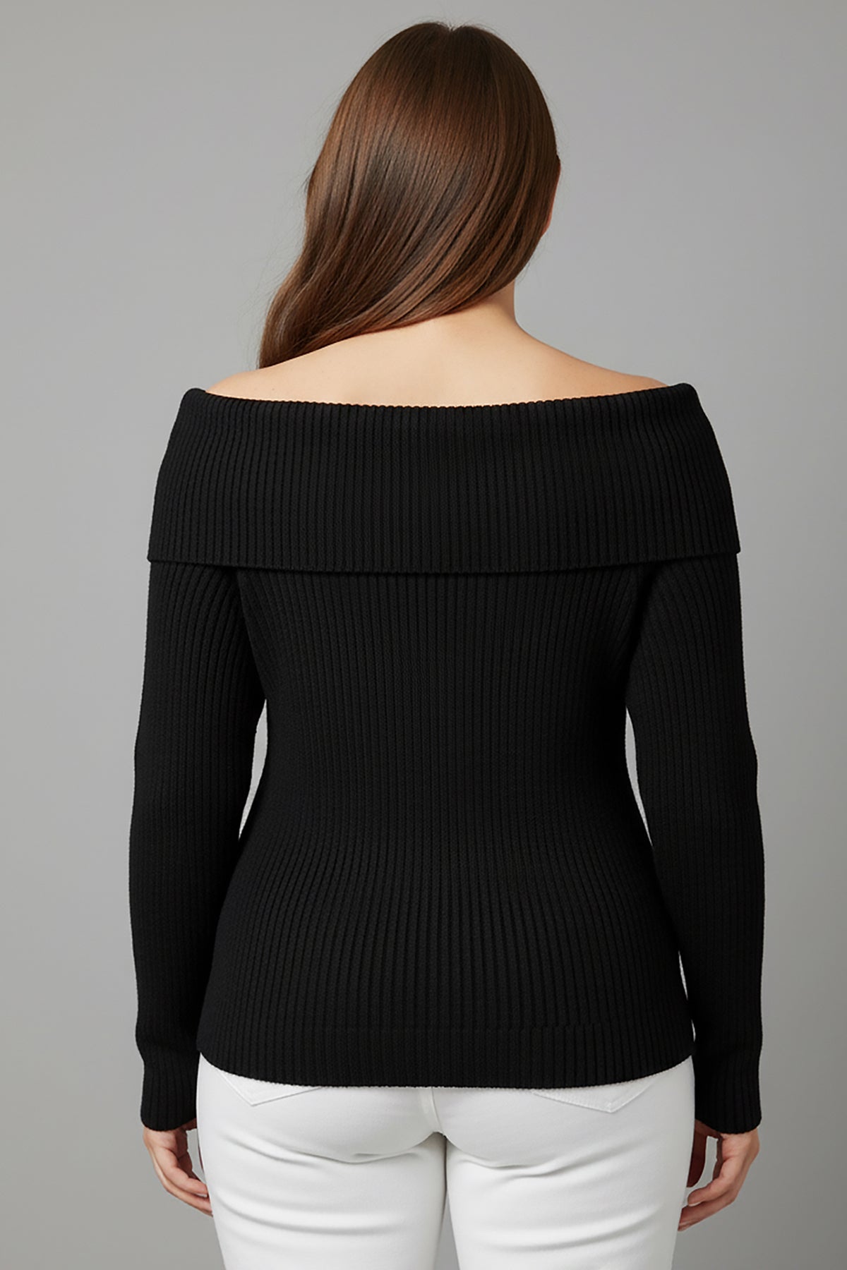 Büyük Beden Madonna Yaka Triko Bluz Siyah