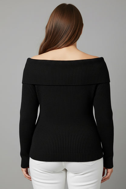 Büyük Beden Madonna Yaka Triko Bluz Siyah