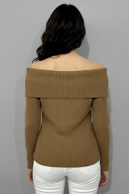 Büyük Beden Madonna Yaka Triko Bluz Vizon