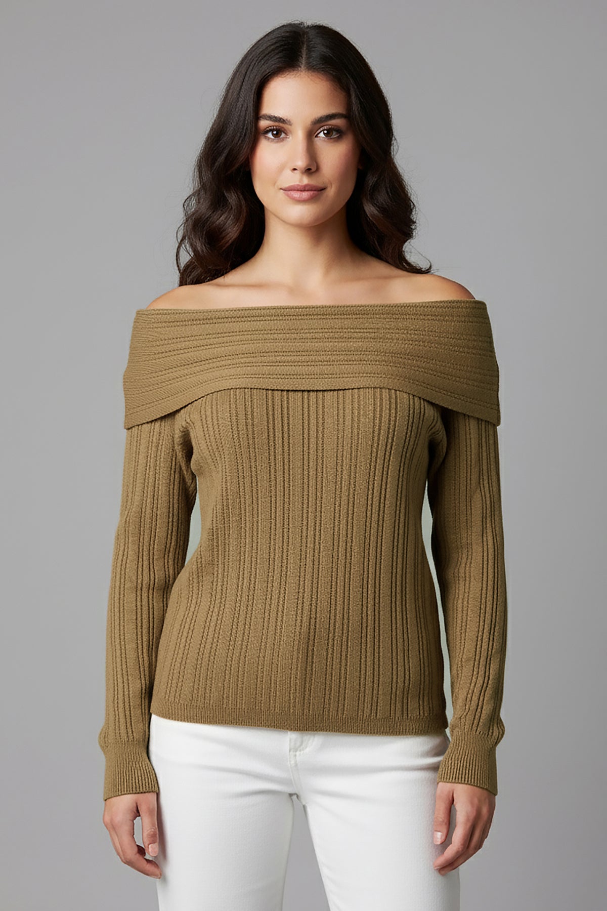 Büyük Beden Madonna Yaka Triko Bluz Vizon