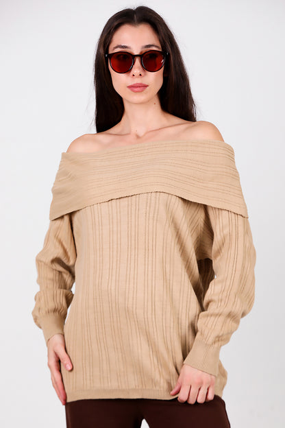 Kadın Madonna Yaka Triko Bluz Açık Kahverengi