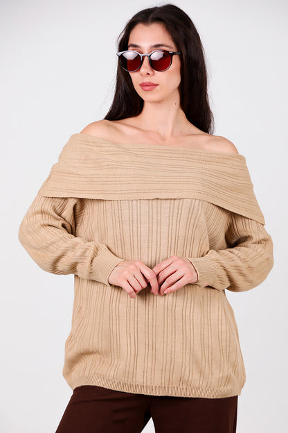 Kadın Madonna Yaka Triko Bluz Açık Kahverengi