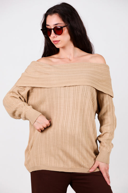 Kadın Madonna Yaka Triko Bluz Açık Kahverengi