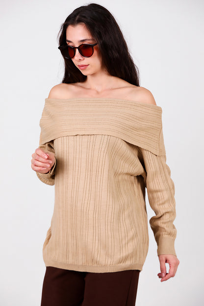 Kadın Madonna Yaka Triko Bluz Açık Kahverengi