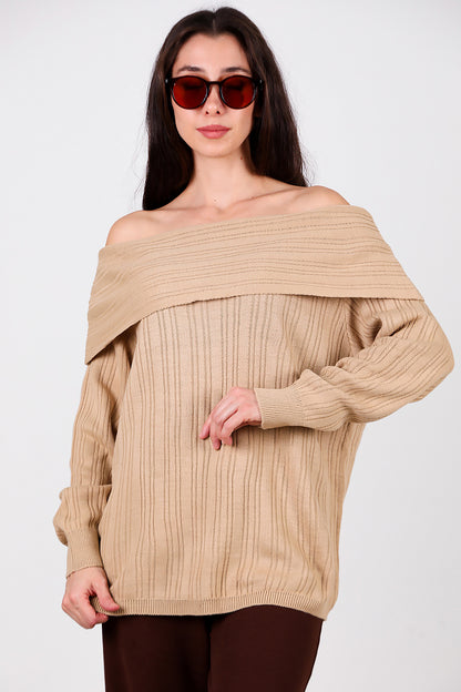 Kadın Madonna Yaka Triko Bluz Açık Kahverengi