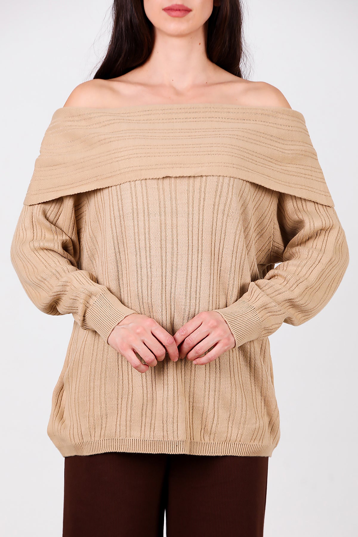 Kadın Madonna Yaka Triko Bluz Açık Kahverengi