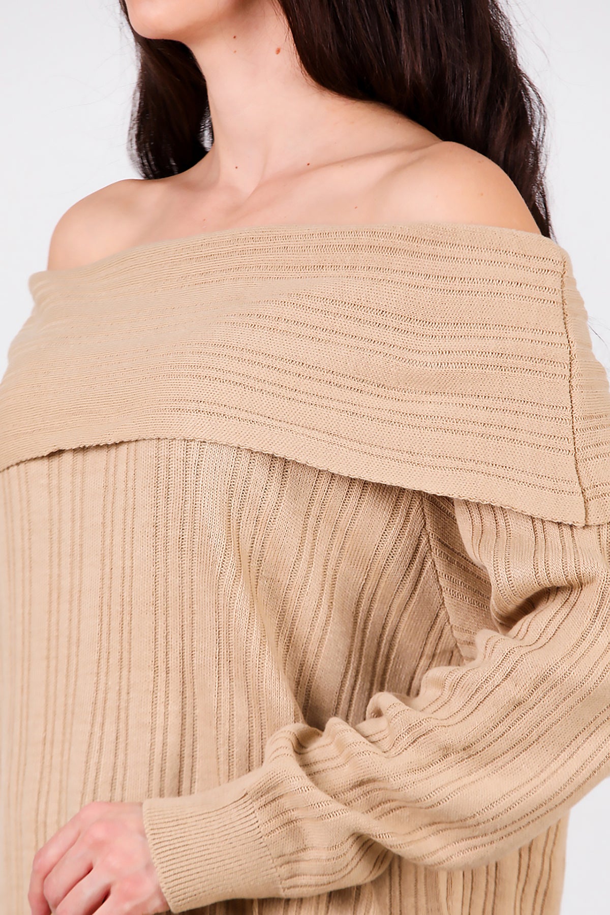 Kadın Madonna Yaka Triko Bluz Açık Kahverengi