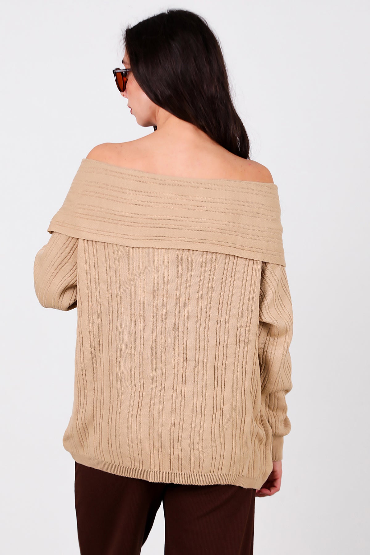 Kadın Madonna Yaka Triko Bluz Açık Kahverengi