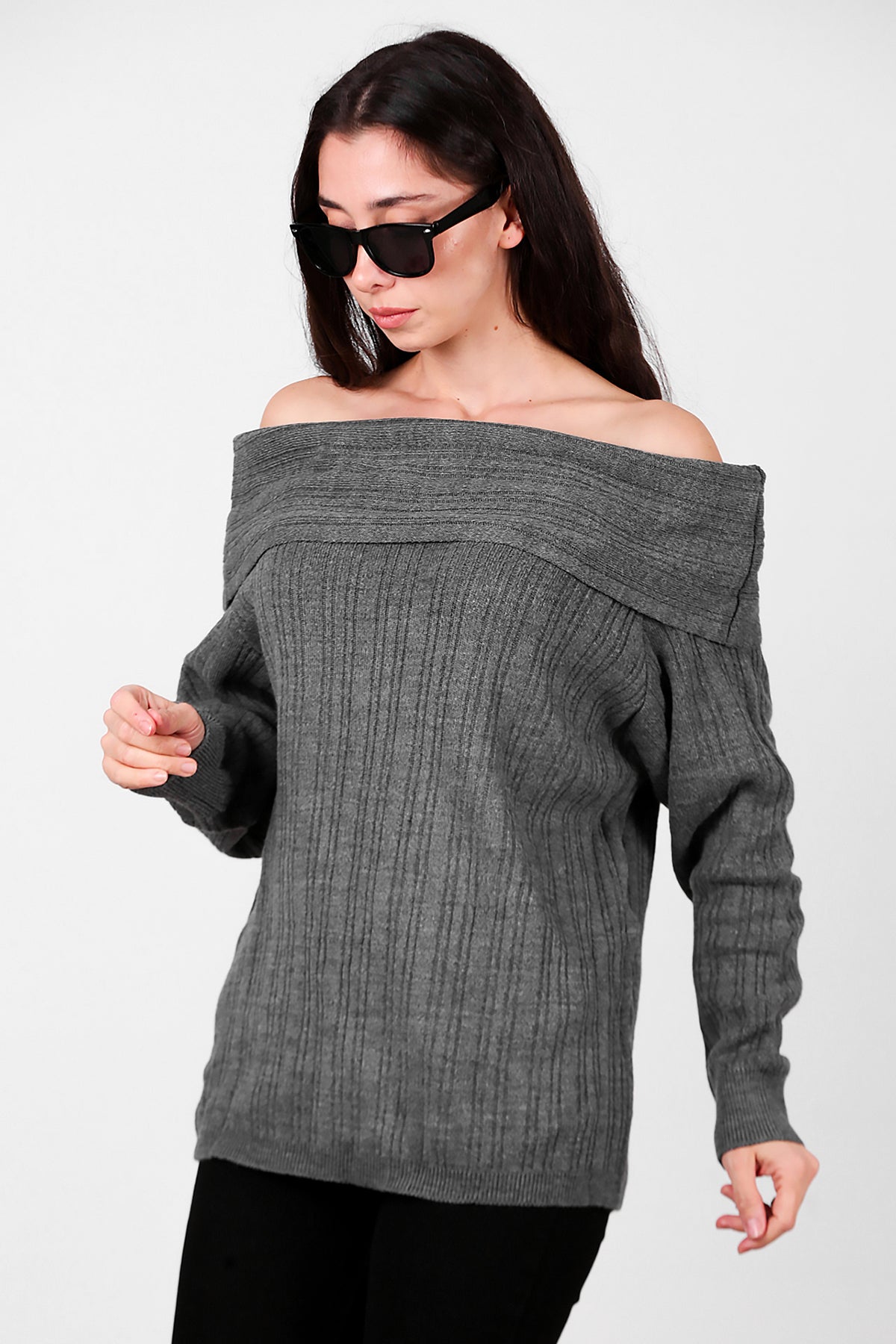 Kadın Madonna Yaka Triko Bluz Antrasit