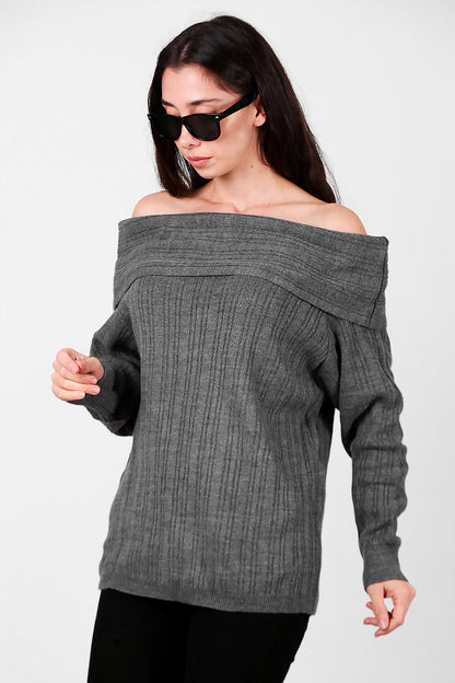 Kadın Madonna Yaka Triko Bluz Antrasit