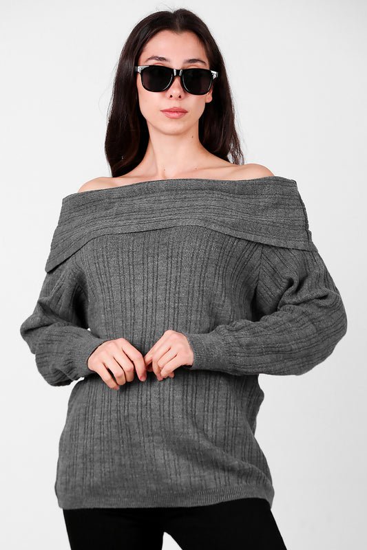 Kadın Madonna Yaka Triko Bluz Antrasit