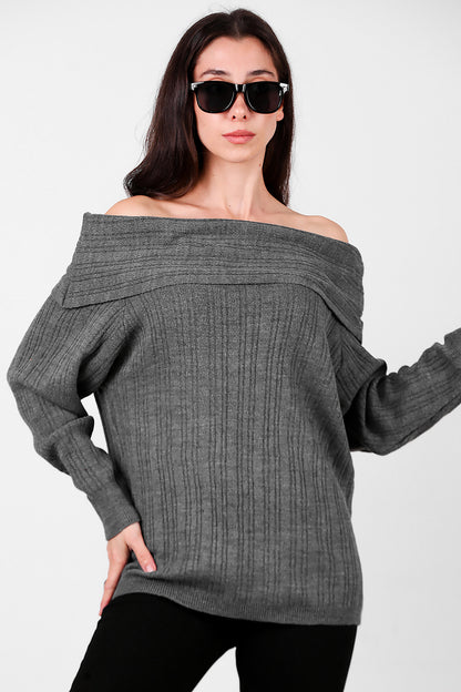 Kadın Madonna Yaka Triko Bluz Antrasit