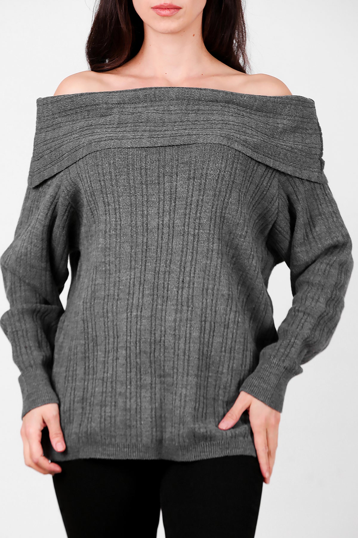 Kadın Madonna Yaka Triko Bluz Antrasit