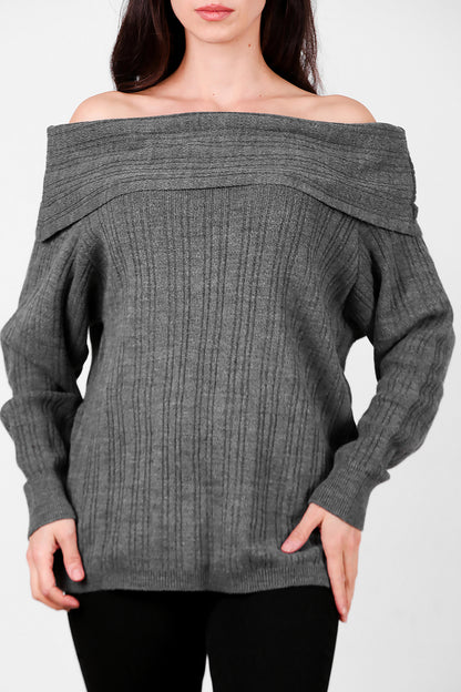 Kadın Madonna Yaka Triko Bluz Antrasit