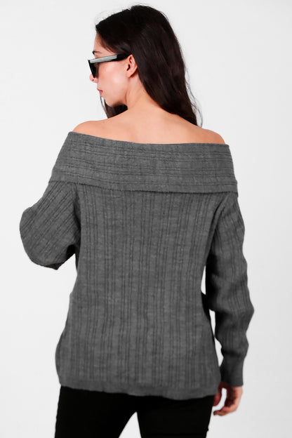 Kadın Madonna Yaka Triko Bluz Antrasit