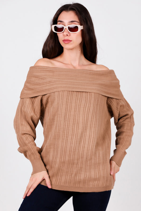 Kadın Madonna Yaka Triko Bluz Bej