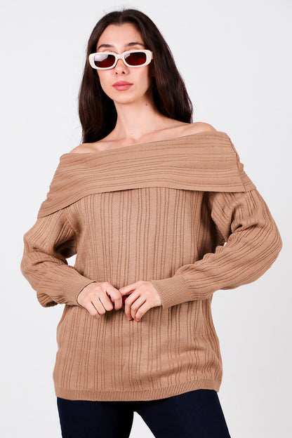 Kadın Madonna Yaka Triko Bluz Bej