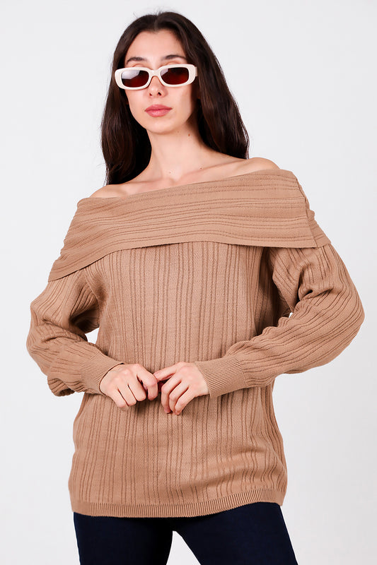 Kadın Madonna Yaka Triko Bluz Bej