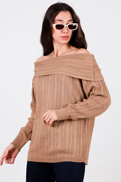 Kadın Madonna Yaka Triko Bluz Bej