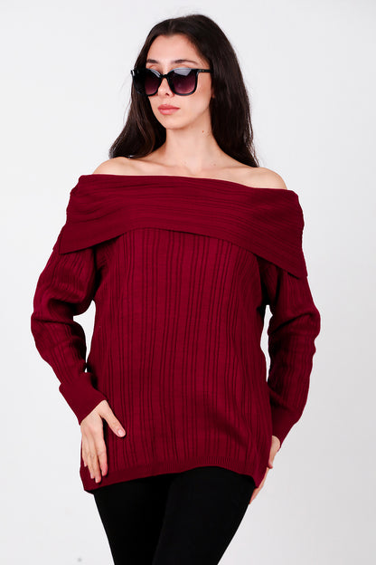 Kadın Madonna Yaka Triko Bluz Bordo