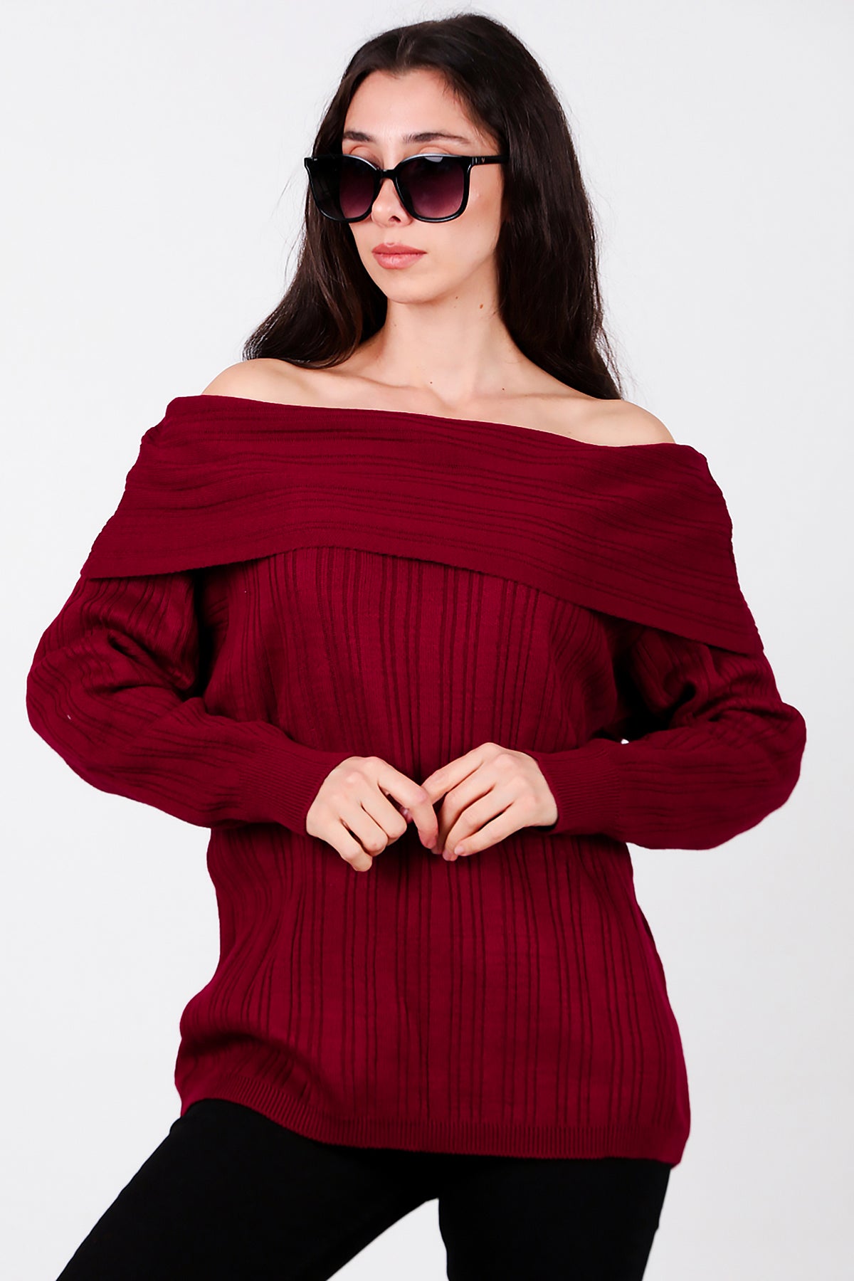 Kadın Madonna Yaka Triko Bluz Bordo