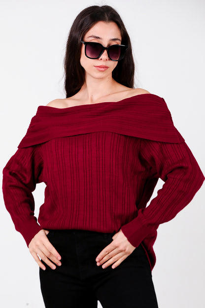 Kadın Madonna Yaka Triko Bluz Bordo