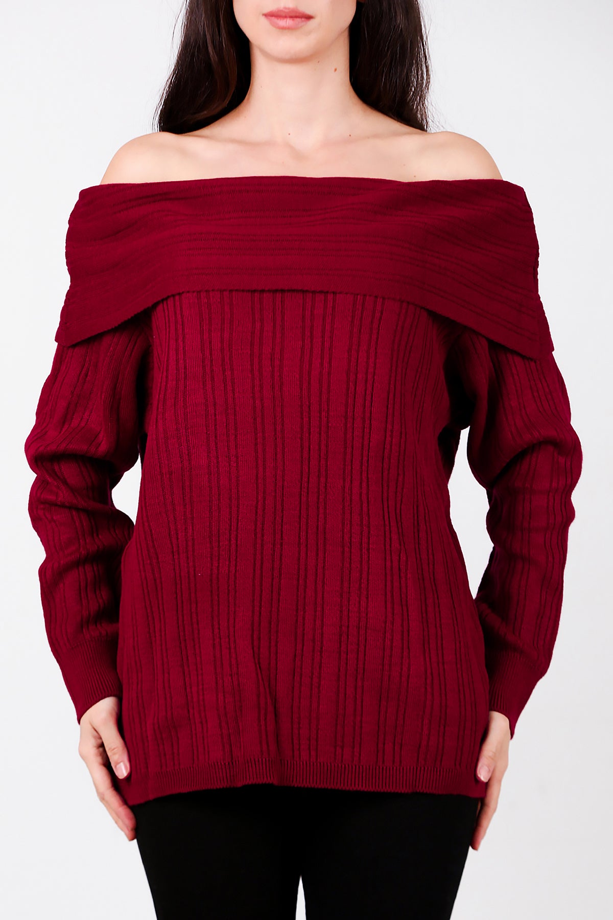 Kadın Madonna Yaka Triko Bluz Bordo