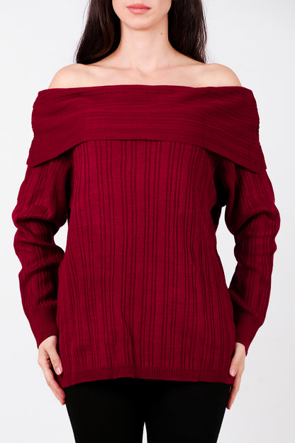 Kadın Madonna Yaka Triko Bluz Bordo