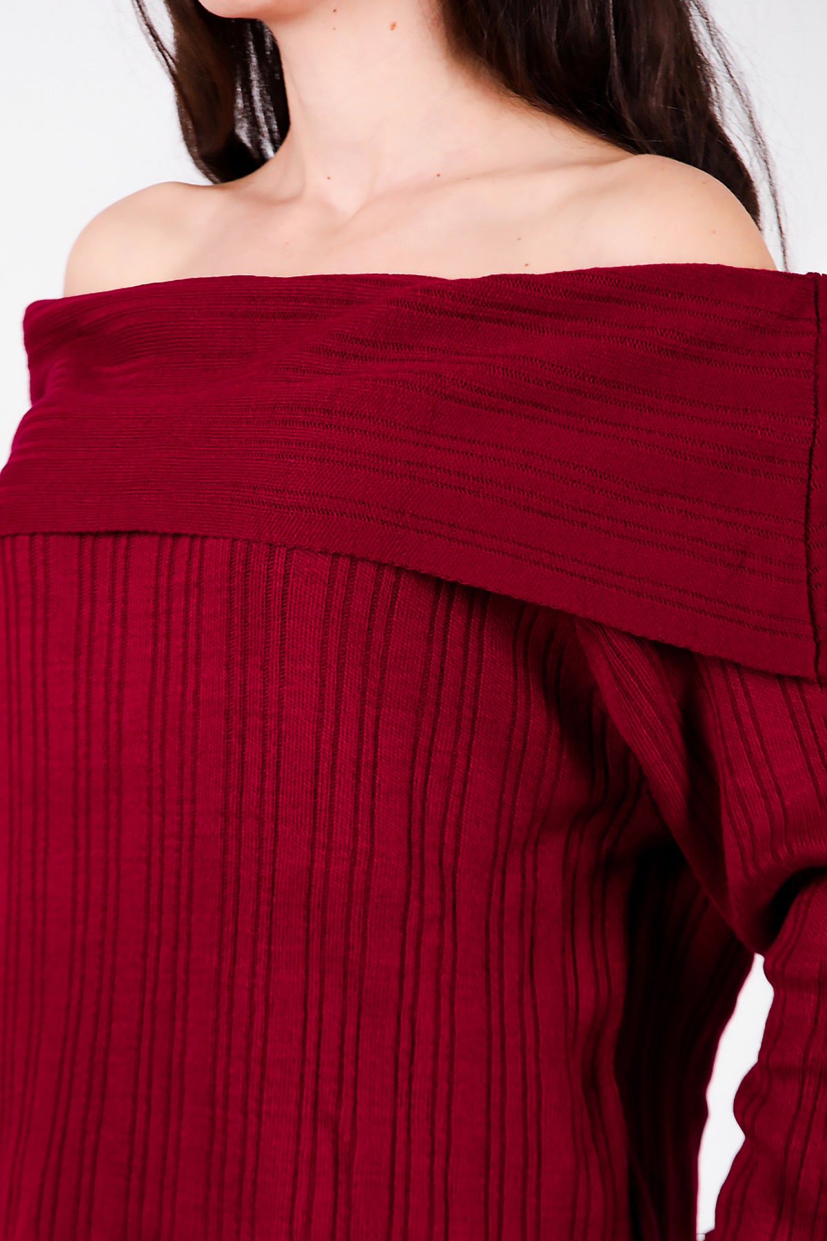 Kadın Madonna Yaka Triko Bluz Bordo