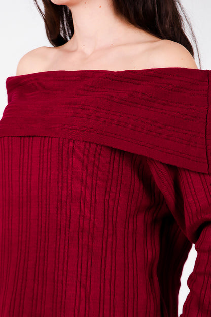 Kadın Madonna Yaka Triko Bluz Bordo