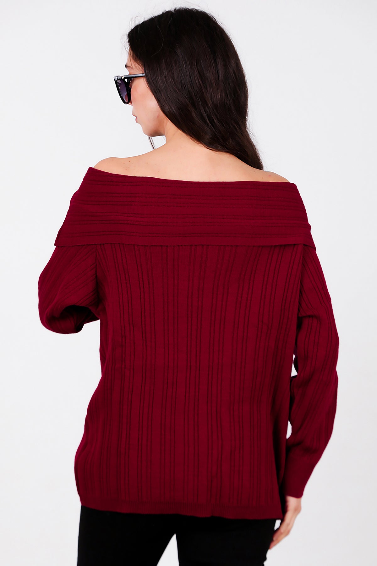 Kadın Madonna Yaka Triko Bluz Bordo