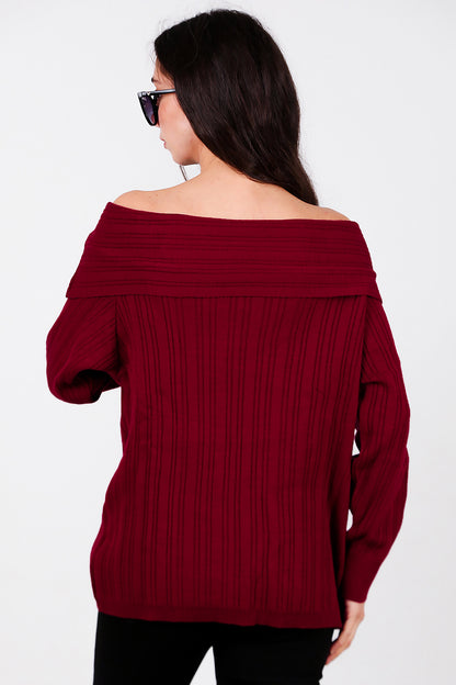 Kadın Madonna Yaka Triko Bluz Bordo