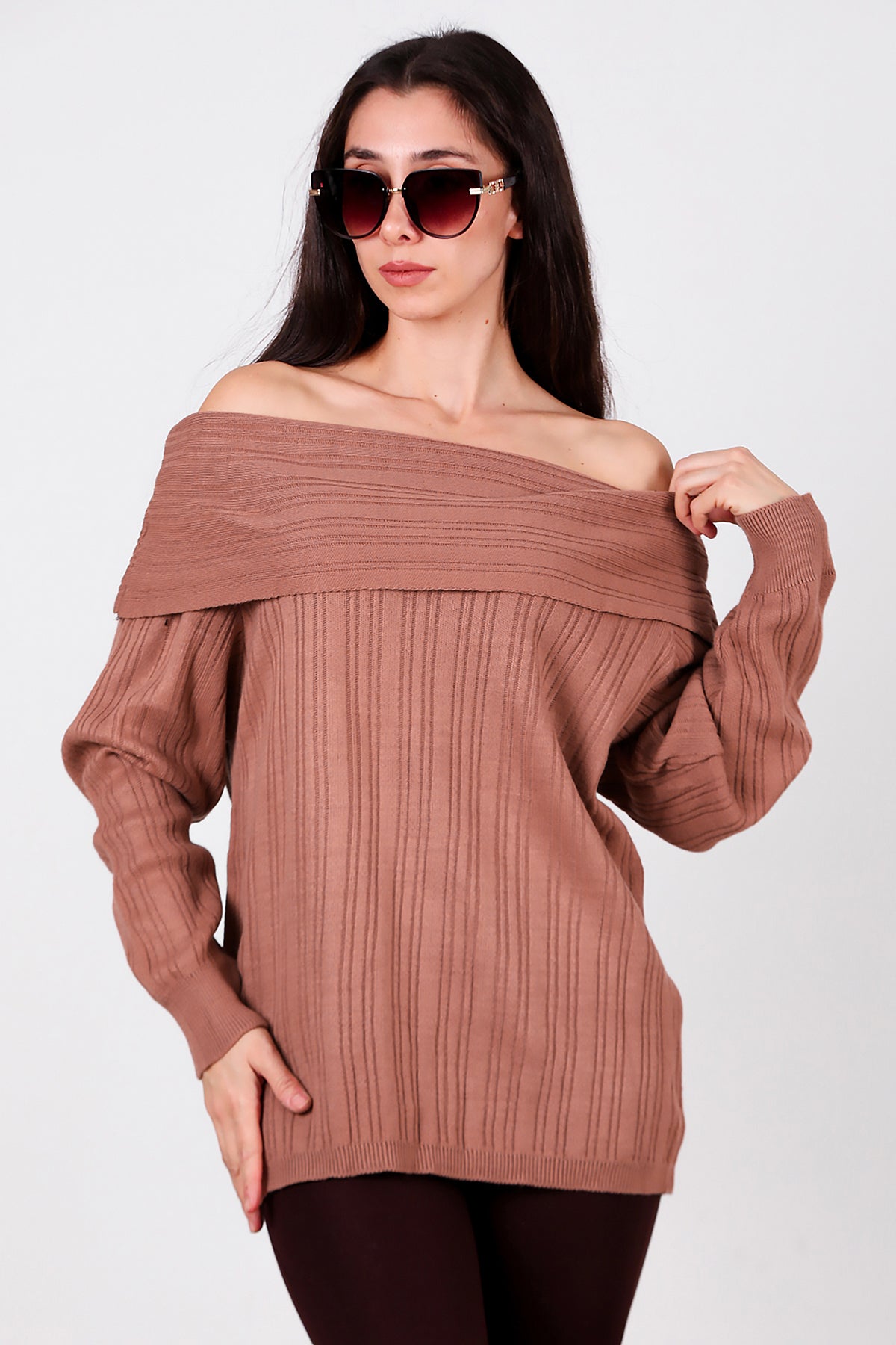 Kadın Madonna Yaka Triko Bluz Gül Kurusu