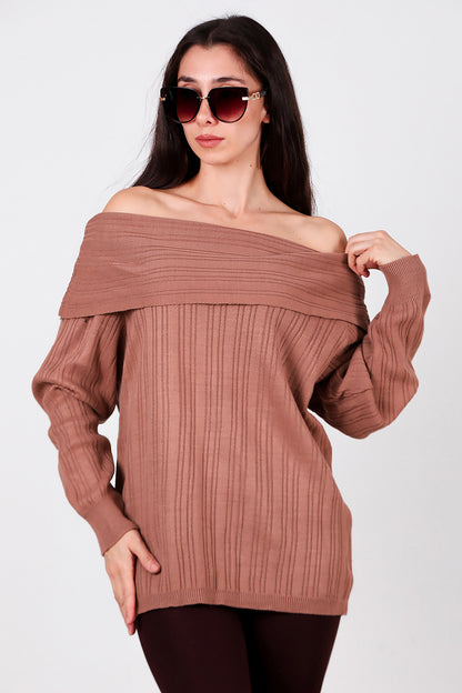 Kadın Madonna Yaka Triko Bluz Gül Kurusu