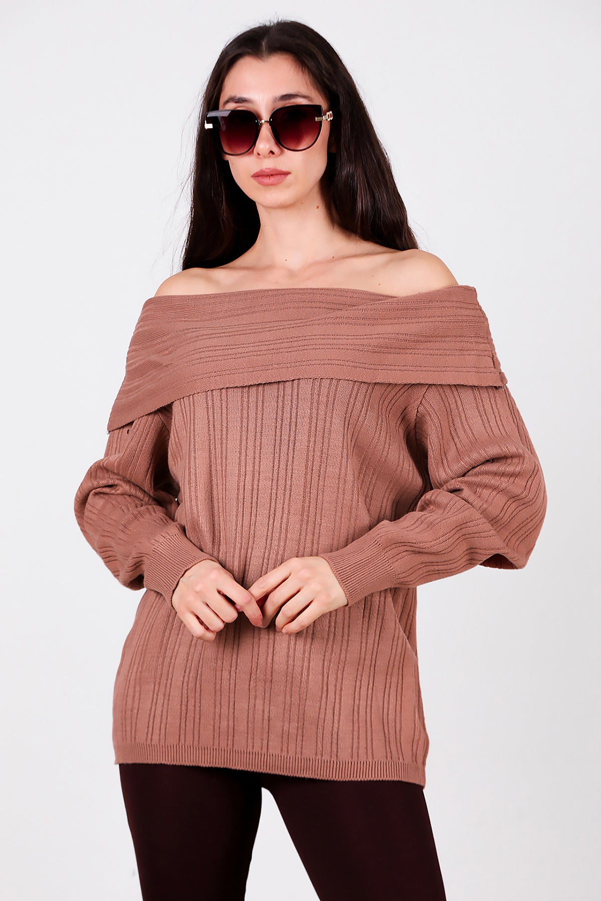 Kadın Madonna Yaka Triko Bluz Gül Kurusu