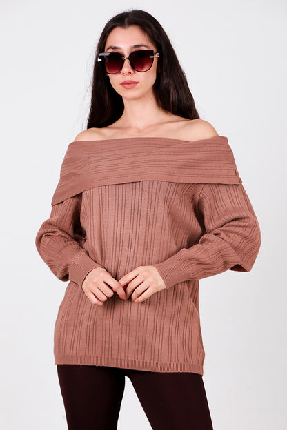 Kadın Madonna Yaka Triko Bluz Gül Kurusu