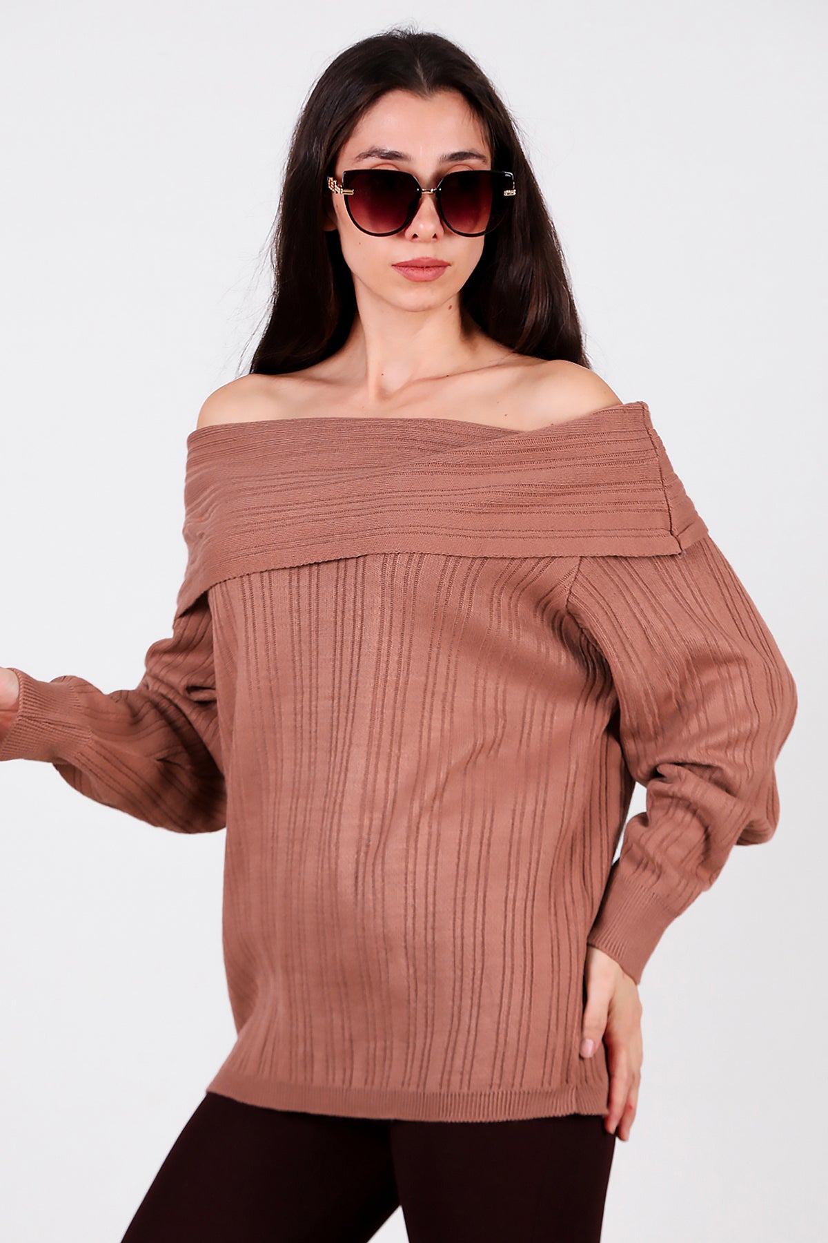 Kadın Madonna Yaka Triko Bluz Gül Kurusu