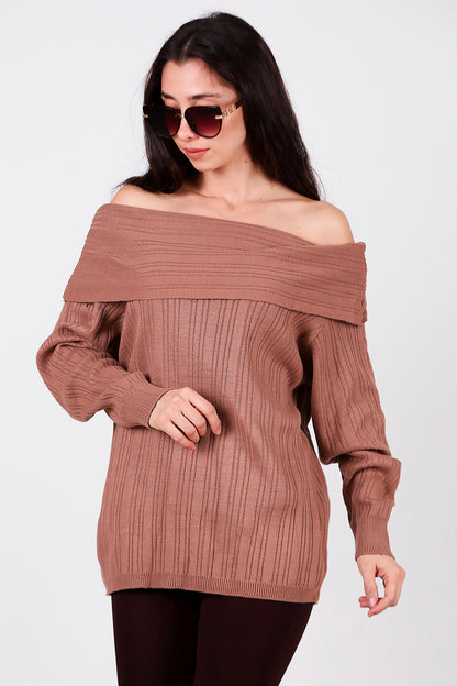 Kadın Madonna Yaka Triko Bluz Gül Kurusu